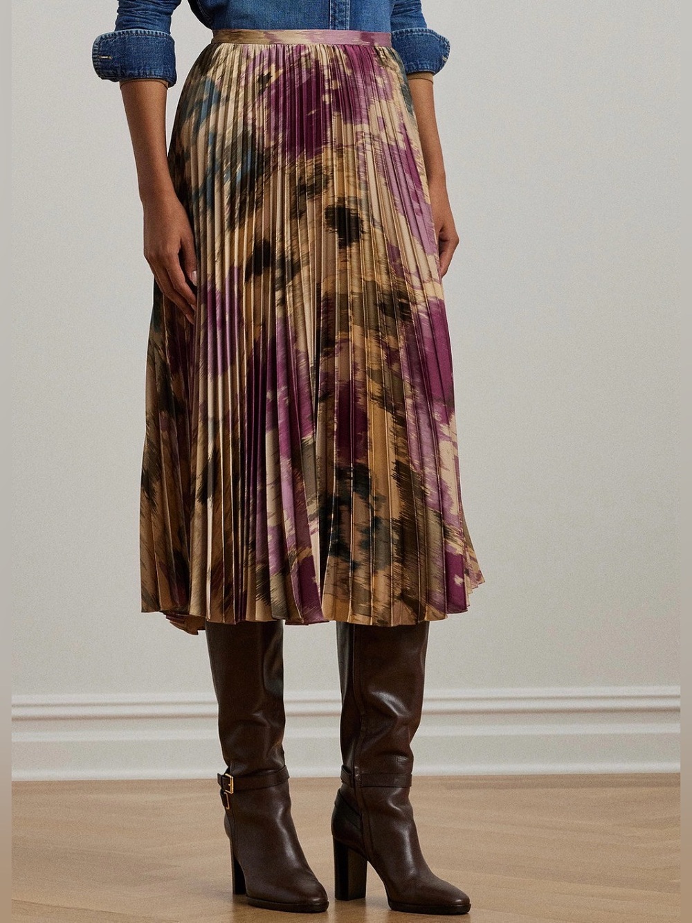 NWT Lauren Ralph Lauren Pleated Satin Charmeuse Midi Skirt 16 $225